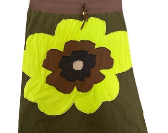 Soul Flower Boho Vintage Aline Skirt with Flower Appliqué- XL - Brown/Green