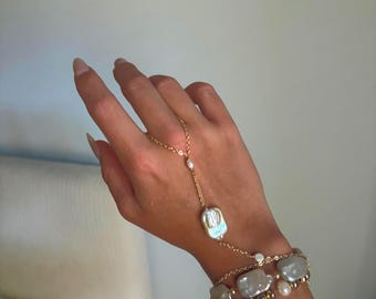 Hand chains, Scallop Shell, Pearl Chains, Silver & Gold, Coastal Jewelry