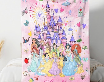 Personalized Disney Princess Blanket, Custom Watercolor Princess Castle Baby Girl Gift,Nursery Decor, Kids Birthday Gift Throw,Birthday Girl