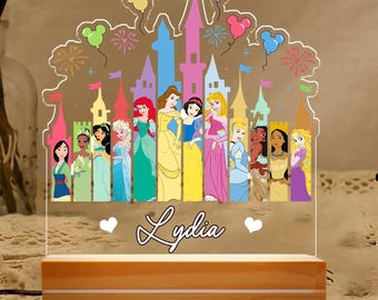 Luz de noche personalizada con el castillo de las princesas Disney, regalo de cumpleaños de las princesas Disney para ella, decoración para habitación de niña con nombre personalizado, lámpara de Disneyland