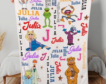 Custom Name Muppets Blanket, Personalized Kermit Miss Piggy Fleece Throw, Muppet Show Gift for Kids & Adults, Cute Cartoon Nursery Bedding