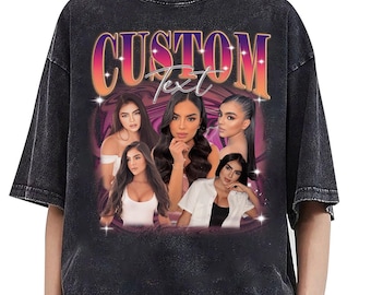 May include: Black mineral wash t-shirt with a custom text design. The design features a group of women with a purple and orange gradient text that says "CUSTOM Text". The shirt is a vintage style.