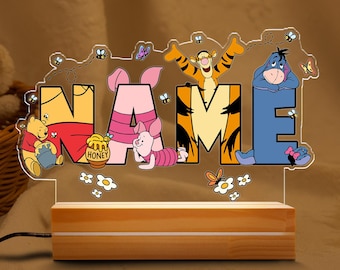 Personalised Pooh and Friends Night Light, Custom Name Disney Winnie The Pooh Room Decor, Gift for Kids Birthdays, Good Night Bedside Lamp