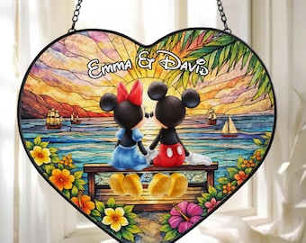 Personalized Stained Glass Mickey Minnie Romantic Sunset Window Hanging Suncatcher, Custom Disney Couple Ornament,Valentine's Day Suncatcher