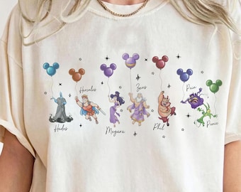 Camiseta de Hércules con Mickey y globos, camiseta de Disney con Hércules, Megara, Hades, Phil y Zeus, camiseta retro para viaje familiar a Disneyland, regalo para fans de Hércules