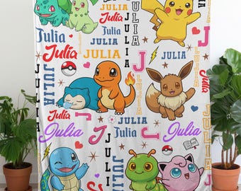 Custom Name Poke Blanket, Personalized Poke Fan Gift, Baby Shower Gift, Pika Blanket, Gift For Kids, Gift For Kids, Personalized Blanket