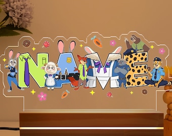 Luce notturna personalizzata Zootropolis 2, decorazione per la stanza della famiglia Disney Zootropolis, regalo di compleanno per bambini a tema Zootropolis, WDW Disneyland, Judy Hopps Nick Wilde