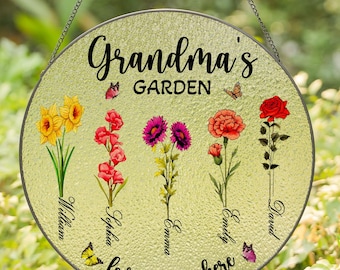 Personalized Grandma's Garden Flowers Suncatcher, Gift For Grandma, Mother's Day Gift, Nana Birth Month Flower,Flower Stain Glass Suncatcher