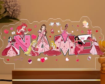 Lámpara de princesa Disney con nombre personalizado, decoración de dormitorio para San Valentín, regalo personalizado para niñas, lámpara de noche rosa de Ariel, Bella y Cenicienta, XOXO