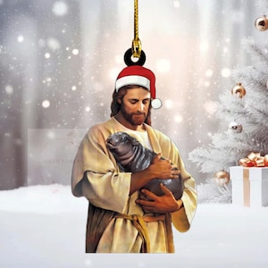 Jesus Moo Deng Ornament, Jesus Loves Moo Deng Bouncy Pig Cute Baby Hippo Meme Ornament, Hippo Moo Deng Christmas Ornament, Pygmy Hippo