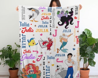 Manta personalizada de La Sirenita, manta personalizada de Ariel, manta de princesas Disney, manta personalizada para niños, regalo de cumpleaños para niños pequeños