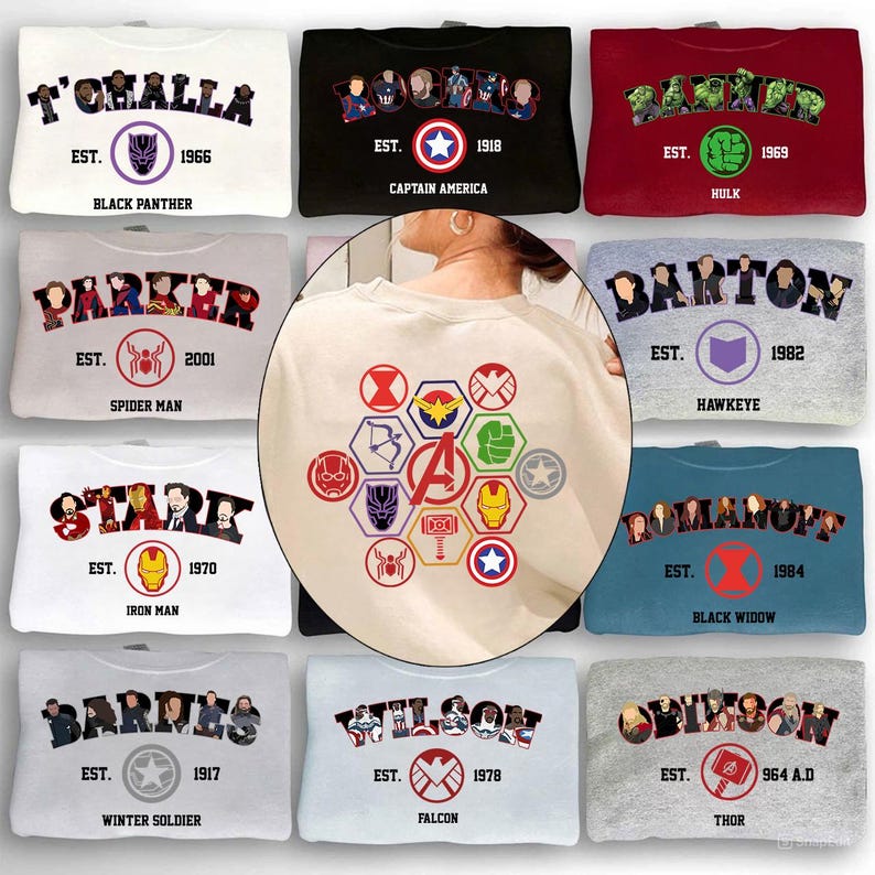Puede incluir: Colecci&oacute;n de sudaderas de cuello redondo con varios personajes de Marvel, incluyendo Pantera Negra, Capit&aacute;n Am&eacute;rica, Hulk, Spider-Man, Iron Man, Ojo de Halc&oacute;n, Viuda Negra, Soldado de Invierno, Halc&oacute;n y Thor. Cada sudadera muestra el nombre del personaje, un s&iacute;mbolo y el a&ntilde;o de fundaci&oacute;n.