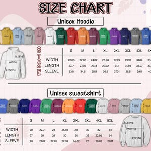Puede incluir: Tabla de tallas para sudaderas con capucha y sudaderas unisex. La tabla muestra las medidas de ancho, largo y largo de manga en cent&iacute;metros para las tallas S a 5XL. Los colores incluyen negro, azul marino y blanco.