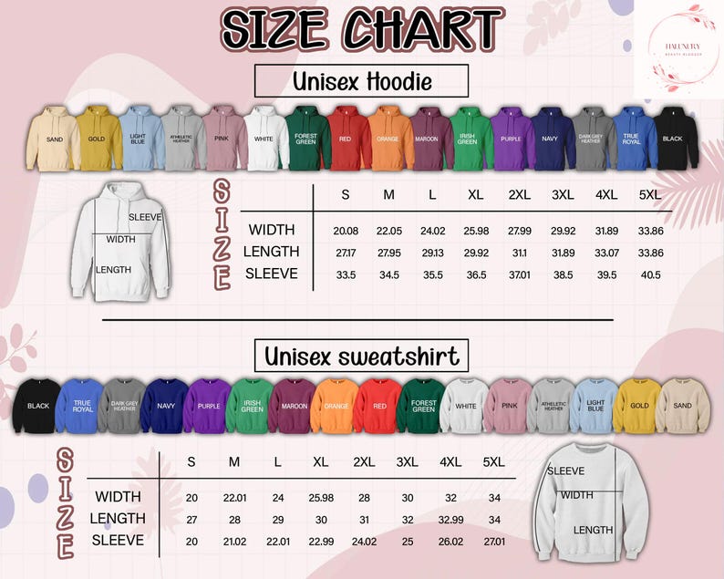 Puede incluir: Tabla de tallas para sudaderas con capucha y sudaderas unisex. La tabla muestra las medidas de ancho, largo y largo de manga en cent&iacute;metros para las tallas S a 5XL. Los colores incluyen negro, azul marino y blanco.
