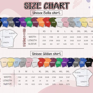 K&ouml;nnte beinhalten: Eine Gr&ouml;&szlig;entabelle f&uuml;r Unisex Bella und Gildan Shirts, mit Farben wie Schwarz, Marineblau und Orange. Die Tabelle zeigt Ma&szlig;e f&uuml;r Breite, L&auml;nge und &Auml;rmelgr&ouml;&szlig;en von XS bis 5XL, in Zoll.
