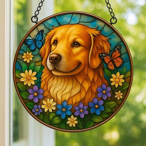 Custom Pet Portrait Stained Glass Suncatcher, Custom Dog Portrait from Photo, Stained Glass Dog Memorial, Pet Memorial Gift, Dog SunCatcher