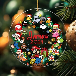 Gepersonaliseerde Super Mario-kerstornament, aangepaste naam Mario-kerstornament, kerstornament voor kinderen 2024, Mario-personagecadeaus