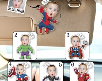Gepersonaliseerde Avengers babygezicht autoclip, custom Photo Drive Safe Daddy cadeau voor hem, Vaderdag autoaccessoire, kindergezichtsvizier, Marvel-fan