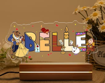 Personalised Beauty And The Beast Night Light, , Great Gift for Kids Birthdays, Bedside Lamp, Christmas Present, Custom Name Disney Lamd