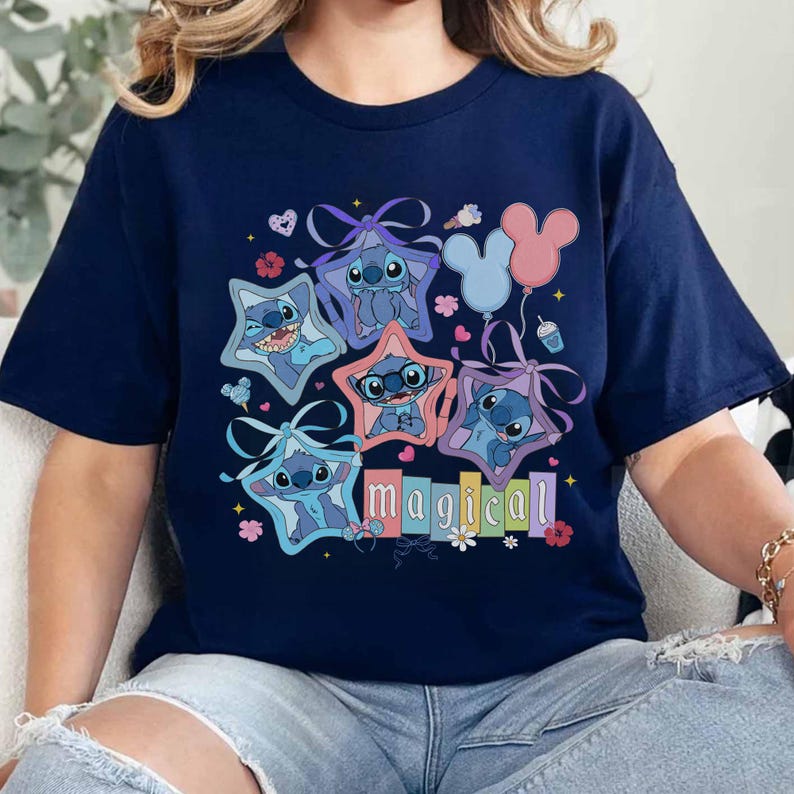 Magical Stitch Shirt, Lilo and Stitch Sweatshirt, Disney Vacation Trip Tee, Cute Stitch Star Bow Design, Retro Disney Family Matching Gift zdjęcie 5