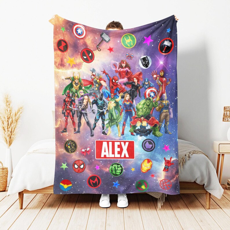 Personalized Marvel Avengers Blanket,Super Hero Blanket, Spiderman Ironman Hulk Deadpool Blanket, Marvel Fan Blanket,Disney Birthday Blanket image 2