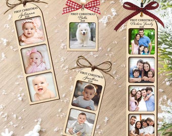 May include: Wooden Christmas ornaments with photos of babies and families. Each ornament has a decorative bow and the words "First Christmas" and a name. The ornaments are a festive way to celebrate the holiday.