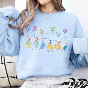 Disney Princess Balloons Shirt, Watercolor Princess Shirt, Magic Kingdom Family Trip Tee, Tiana Ariel Elsa Belle Cinderella Snow White, WDW image 5