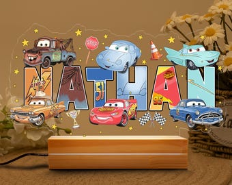 Custom Name Disney Car Night Light, Personalized Car Pixar Gifts, Disney Birthday Boy Gift,  Disney Family Room Decor, Home Decor, Mc Queen