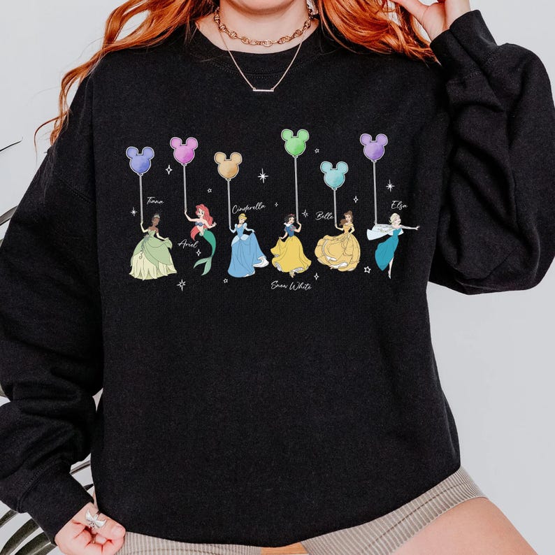 Disney Princess Balloons Shirt, Watercolor Princess Shirt, Magic Kingdom Family Trip Tee, Tiana Ariel Elsa Belle Cinderella Snow White, WDW image 6