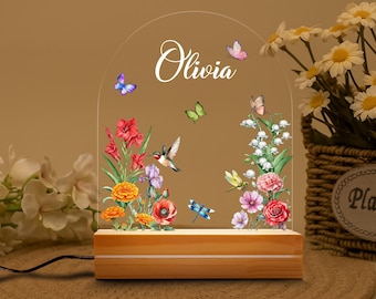 Custom Night Light For Girl, New Baby Gift, Custom Name Lamp, Personalized Floral Night Light for Nursery Decor, Toddler Bedside Night Light