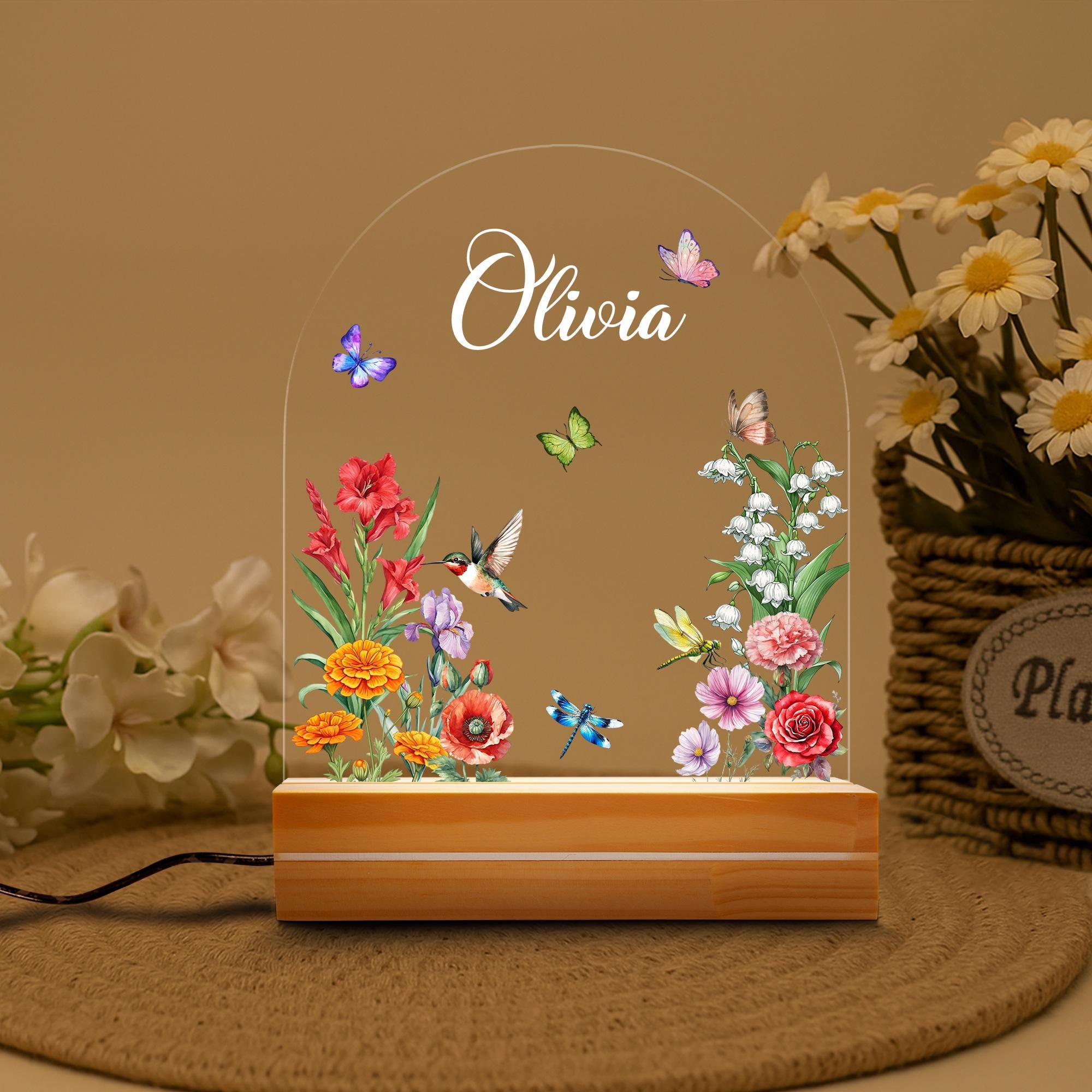 Discover Custom Night Light For Girl, New Baby Gift, Custom Name Lamp, Personalized Floral Night Light for Nursery Decor, Toddler Bedside Night Light