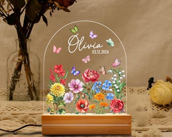 Custom Floral Butterfly Name Night Light, Personalized Flower Garden Night Lamp, Nursery Decor, Birthday Gift For Her, Bedroom Bedside Light