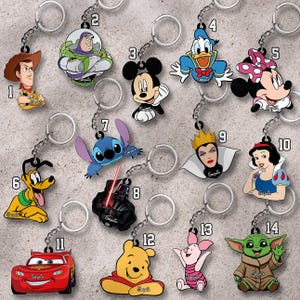 Könnte beinhalten: Eine Sammlung von vierzehn bunten Schlüsselanhängern mit verschiedenen Zeichentrickfiguren, darunter Woody, Buzz Lightyear, Mickey Maus, Donald Duck, Minnie Maus, Pluto, Stitch, Darth Vader, die böse Königin, Schneewittchen, Lightning McQueen, Winnie Puuh, Ferkel und Grogu.