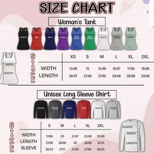 Puede incluir: Tabla de tallas para camisetas sin mangas de mujer y camisetas unisex de manga larga. Las camisetas sin mangas de mujer est&aacute;n disponibles en negro, rojo, azul marino, morado, azul real, verde irland&eacute;s, blanco, gris deportivo y menta. Las camisetas unisex de manga larga est&aacute;n disponibles en negro, gris oscuro jaspeado, azul marino, rojo, blanco y gris deportivo.