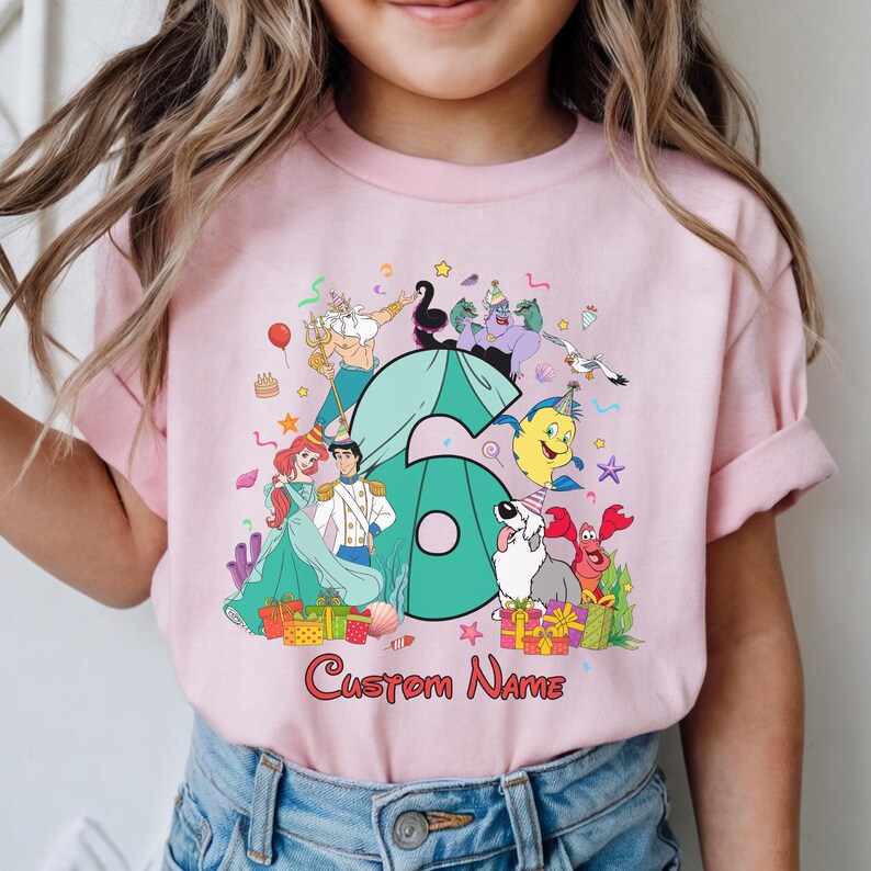 Die kleine Meerjungfrau-Geburtstags-Shirt, Name Disney Prinzessin Ariel T-Shirt, personalisierte Mädchen unter dem Meer-Geburtstags-Party-Outfit, Geburtstagskind Bild 8