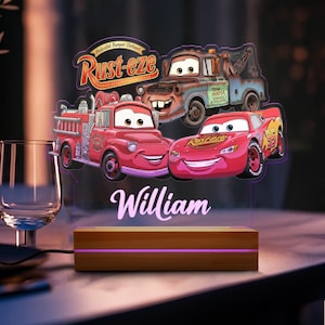 Personalised MCQUEEN- MATER- RED Cars Night Light, Nursery Decor for Kids, Great Gift for Kids Birthdays, Bedside Lamp, Christmas Present