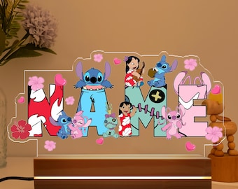 Custom Name Disney Lilo and Stitch Night Light, Disney Stitch Birthday Boy Gift, Stitch Angel Couple Gifts Lamp, Disney Family Room Decor