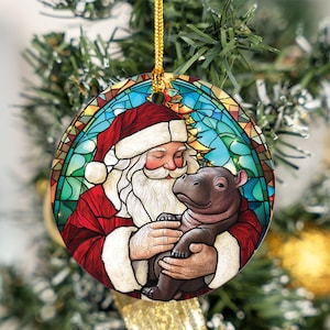 Santa Claus And Moo Deng Christmas Ornament, Hippo Christmas Ornament, Moo Deng Ornament, Moo Deng Hippo Lover, Pygmy Hippo, Moo Deng Memes
