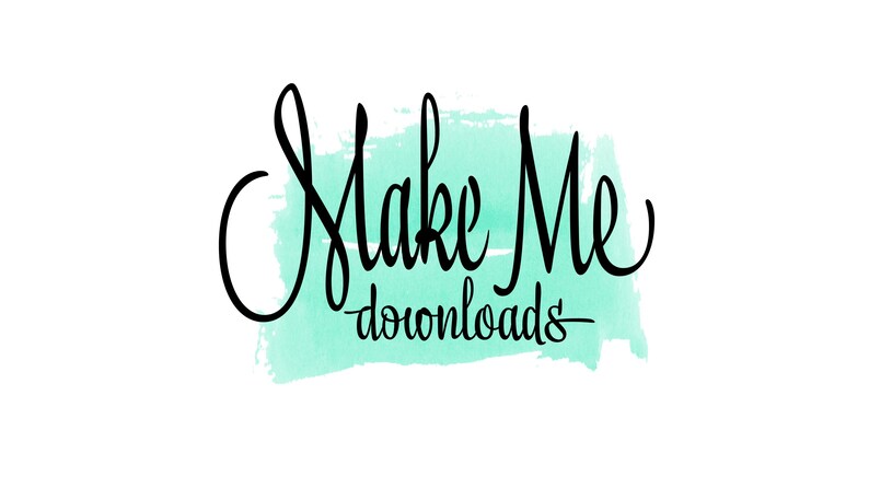 May include: The words "Make Me downloads" in black script lettering over a light teal watercolor wash on a white background. The design is simple and modern, suitable for digital products.
