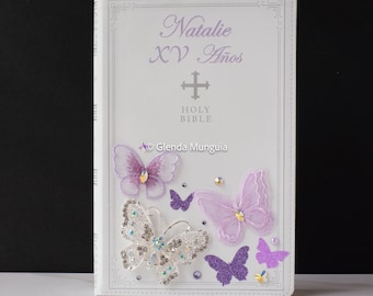 Butterfly themed Catholic NRSV Bible for Quinceanera or Sweet 16