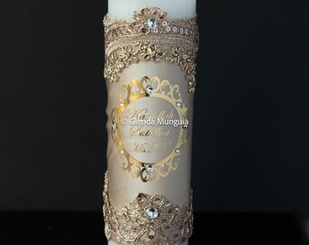 Decorated pillar candle for Quinceanera