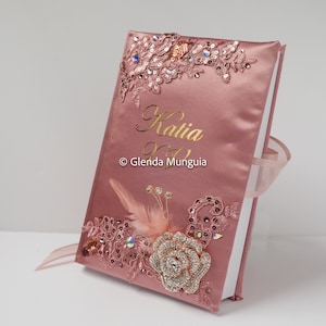 Personalized Quinceañera Bible: Rhinestone Flower, Embroidered Lace