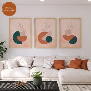 Boho Abstract Wall Art Prints, Geometric Wall Art Design, Set of 3 Prints, Bohemian Wall Decor, Orange, Green, Pink, Printable Wall Art