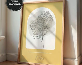 October Birth Month Flower Marigold – Muted Gold Floral Wall Art Digital Download