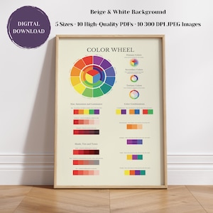 Color Wheel Poster, Beige, White, Color Theory, Design Color Palette, Classroom Decor, Beginner Artist Gift, Printable Art, Homeschool