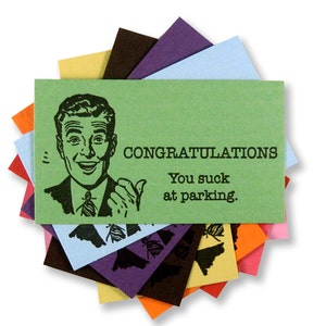 Slechte parkeerkaarten, gefeliciteerd, je bent slecht in parkeren, slechte parkeerbaan