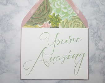 Letterpress You're Amazing, thank you cards, script, green ink, succulent lined envelopes