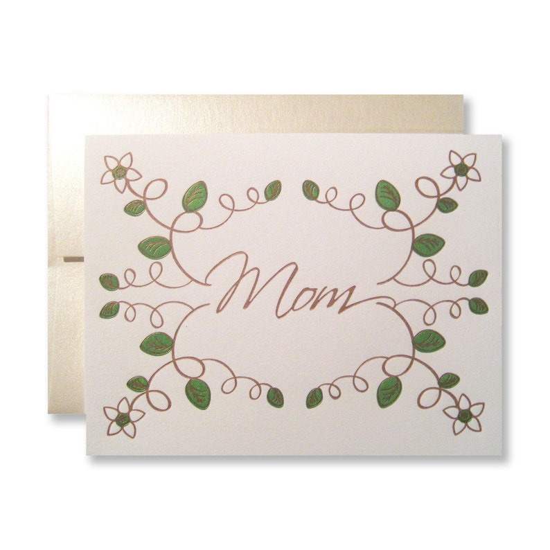 Letterpress Mom Card, Card for Mom, Best Mom, Floral, Leafy, Copper image 1