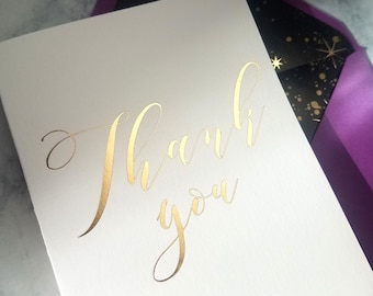 Gold or Oil-Slick THANK YOU cards, packs of 5, script, calligraphy, unique