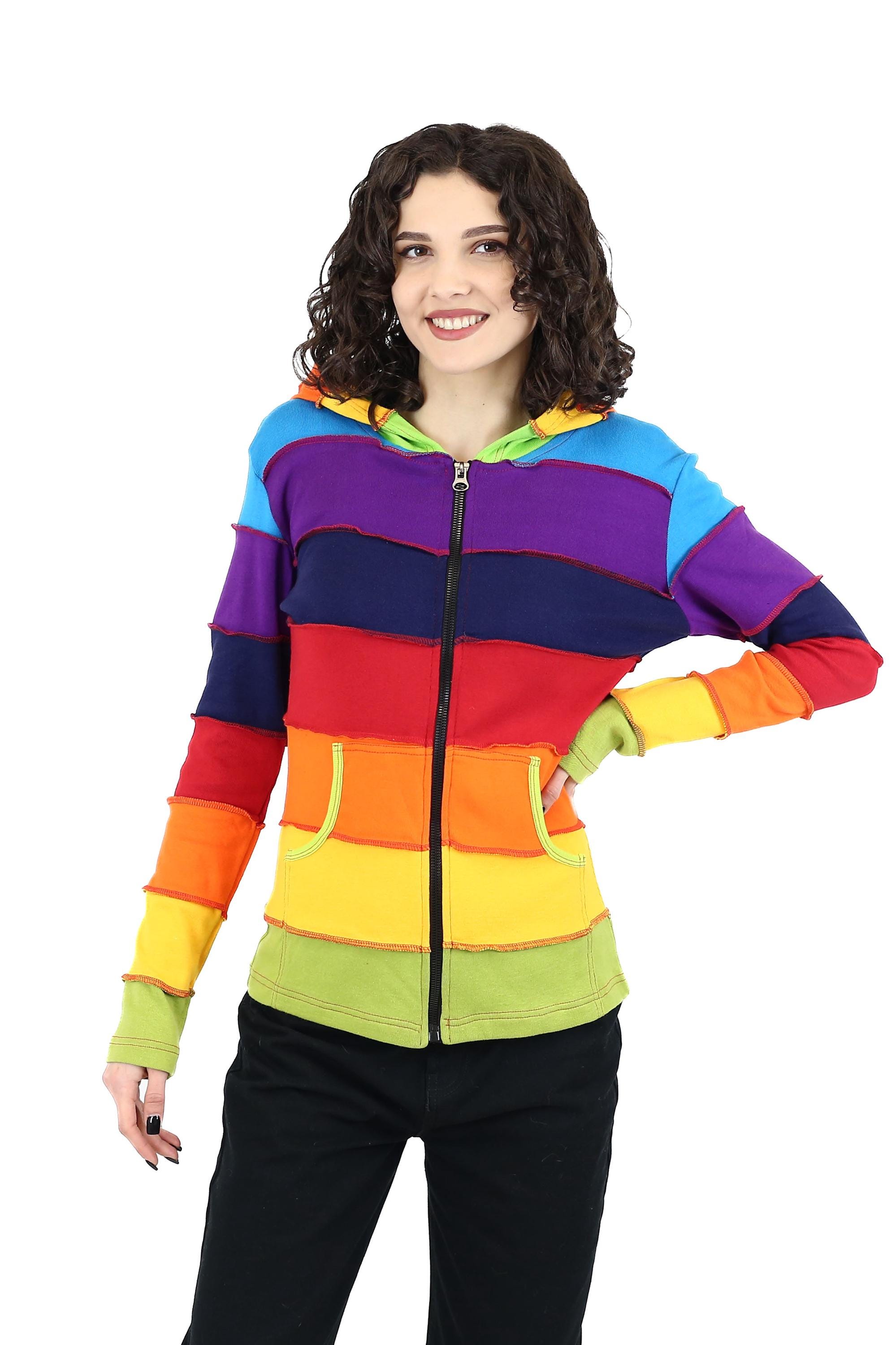 Regenbooghoodie met capuchon voor dames, kleurrijke katoenen trui, gemaakt in Nepal